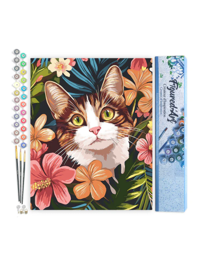 figuredart-paint-by-numbers-foglio-di-tela-predisegnato-40-cm-x-50-cm-gatto-con-fiori-tropicali