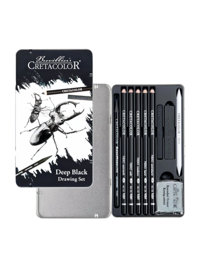 cretacolor-drawing-set-deep-black-scatola-in-metallo-10-pezzi-in-tonalita-nero-profondo