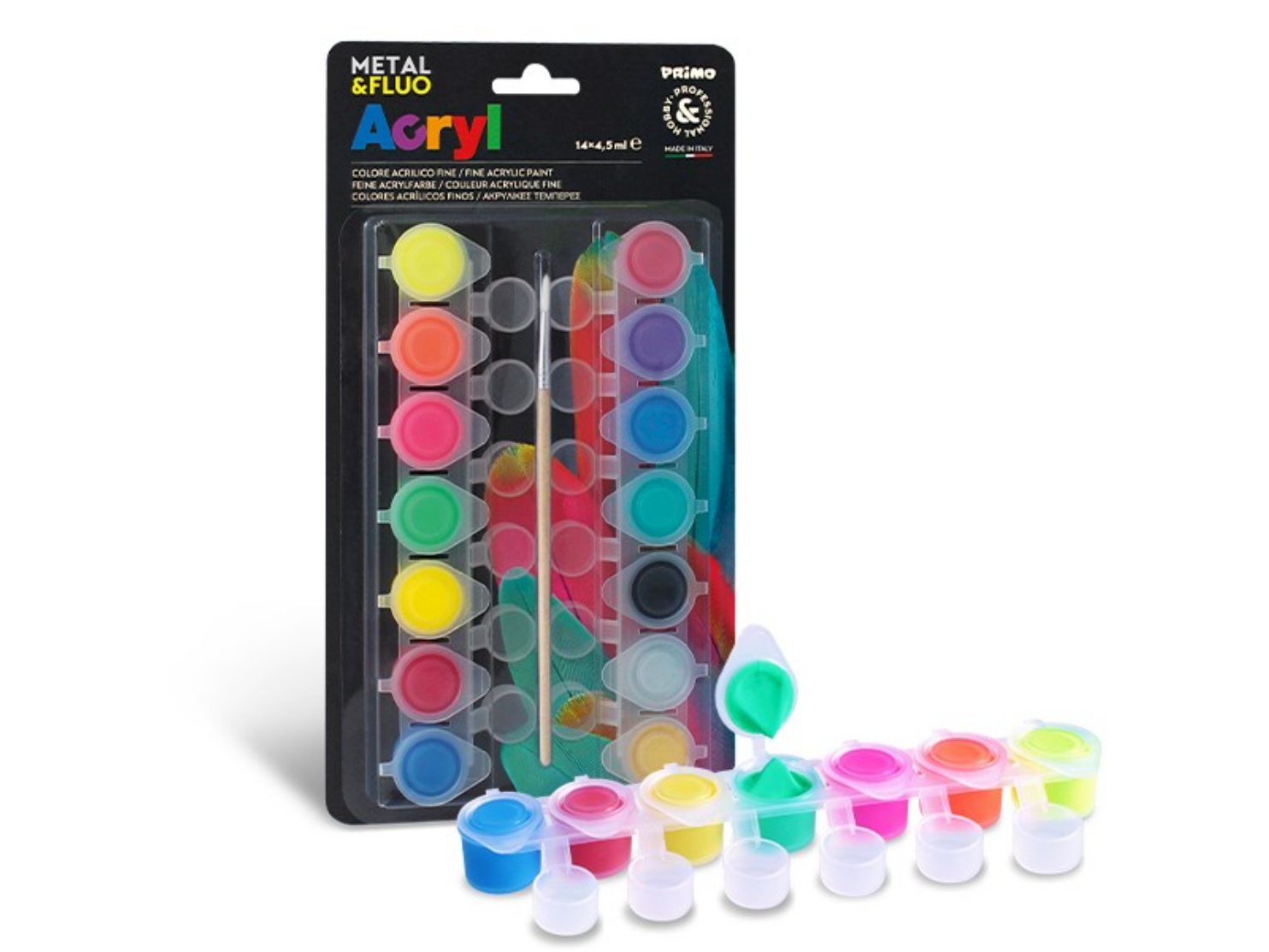 Morocolor PRIMO - Set Di 14 Colori Acrilici In Tubetti Da 4,5 Ml - Colori Intensi E Coprenti, Permanenti, Per Interni/esterni - Prodotto In Italia Con Pennello Incluso