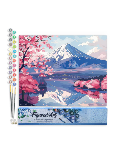 Paint by numbers - Foglio di tela predisegnato 40 cm x 50 cm | Monte Fuji e lago dei ciliegi in fiore