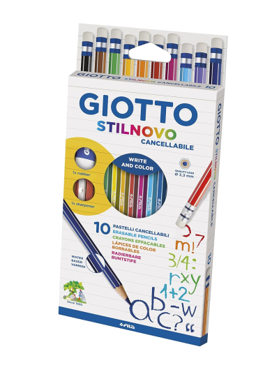 GIOTTO Stilnovo cancellabile | Set 10 matite colorate cancellabili con gomma e temperino