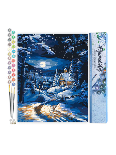 Paint by numbers - Foglio di tela predisegnato 40 cm x 50 cm | Cottage d inverno al chiaro di luna