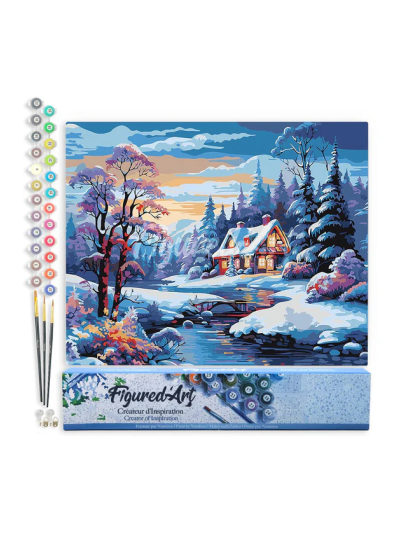 Paint by numbers - Foglio di tela predisegnato 40 cm x 50 cm | Cottage sul fiume in inverno